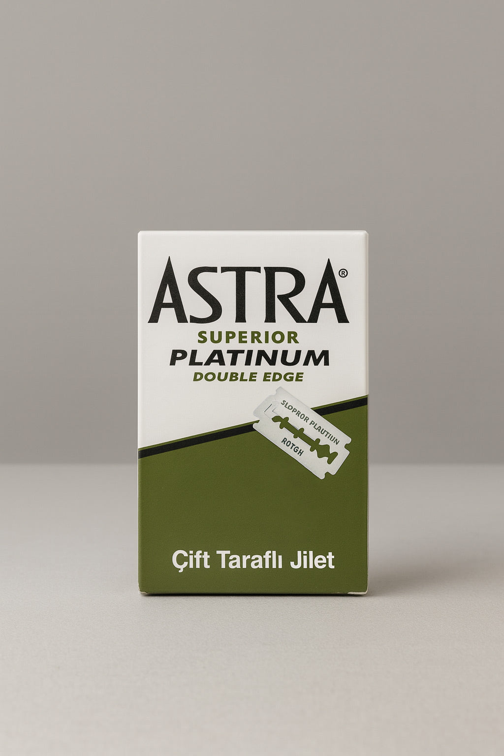 Astra Superior Platinum double edge razor blade packaging on a gray background