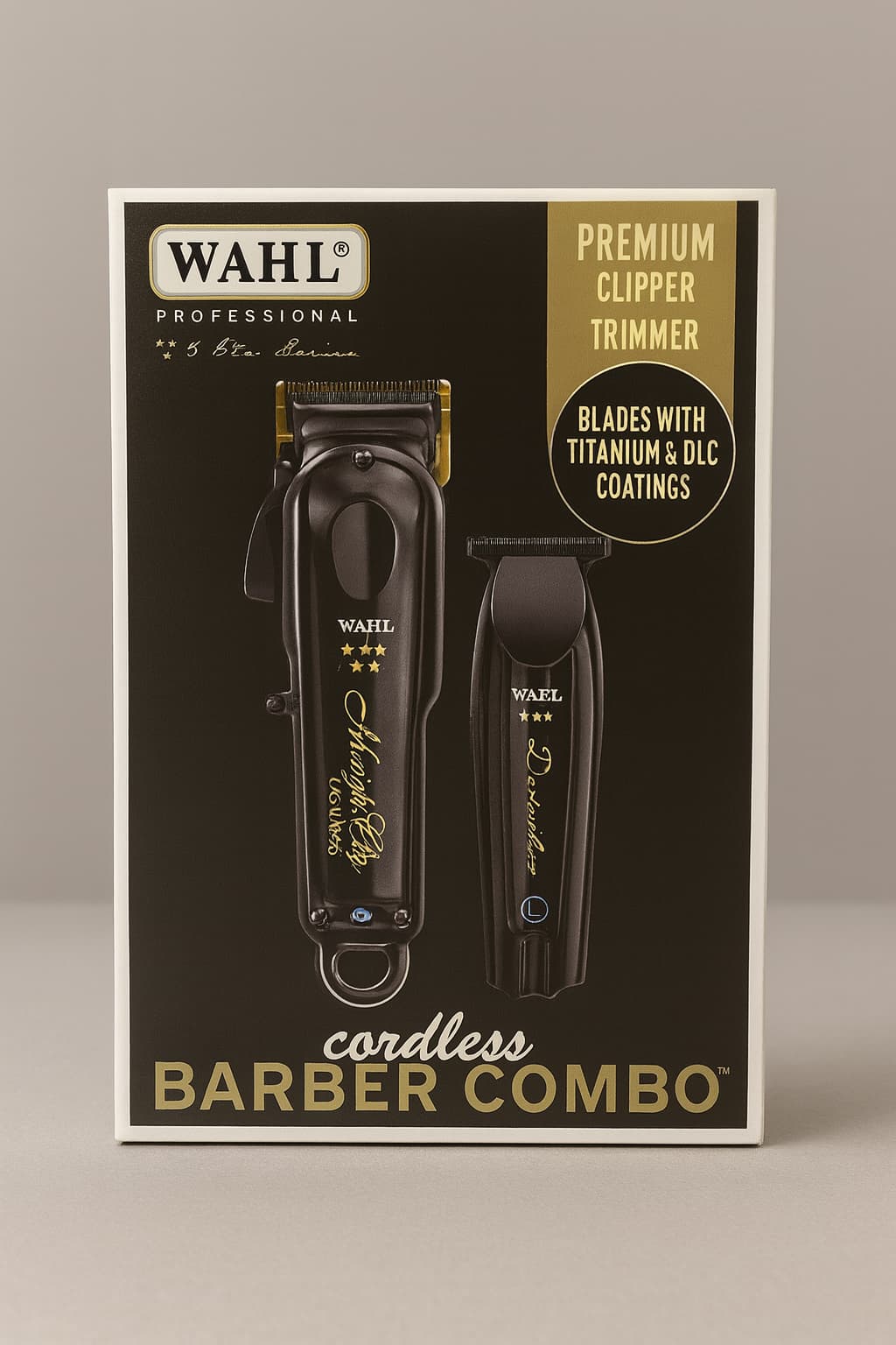 Wahl cordless barber combo packaging on a beige background