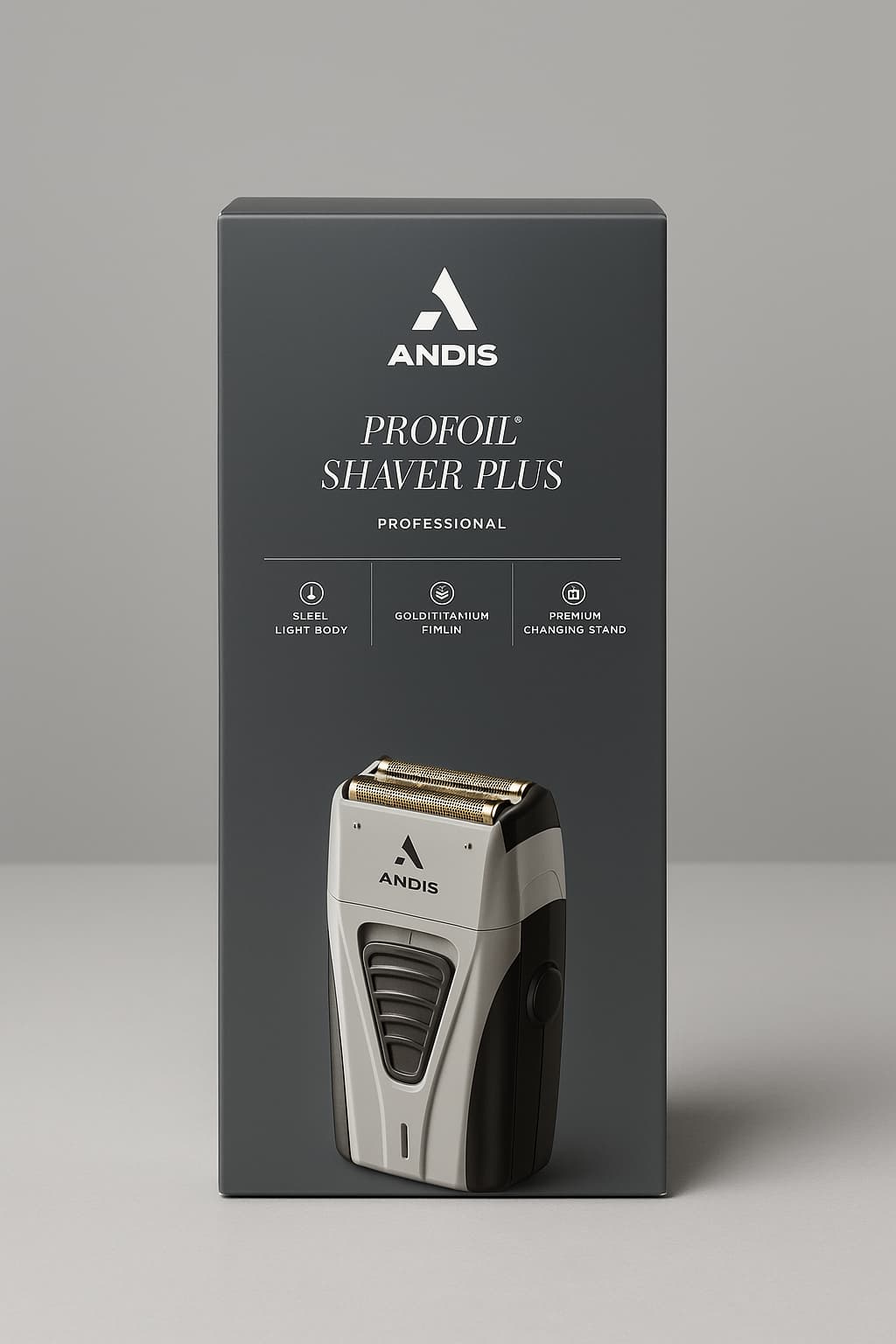 Andis Profoil Shaver Plus packaging on a gray background