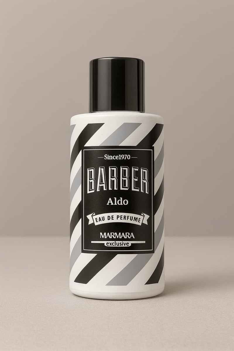 Barber Aldo perfume bottle with black and white striped design on a beige background