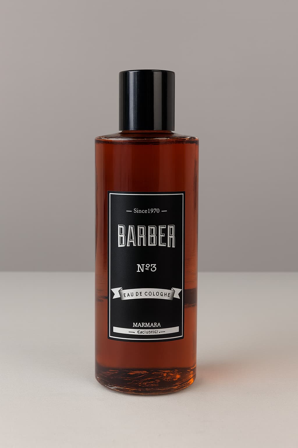 Bottle of Barber No.3 cologne with a black label on a neutral background