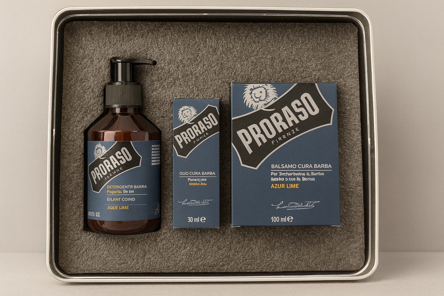 Proraso grooming products including a bottle and two boxes on a textured surface.