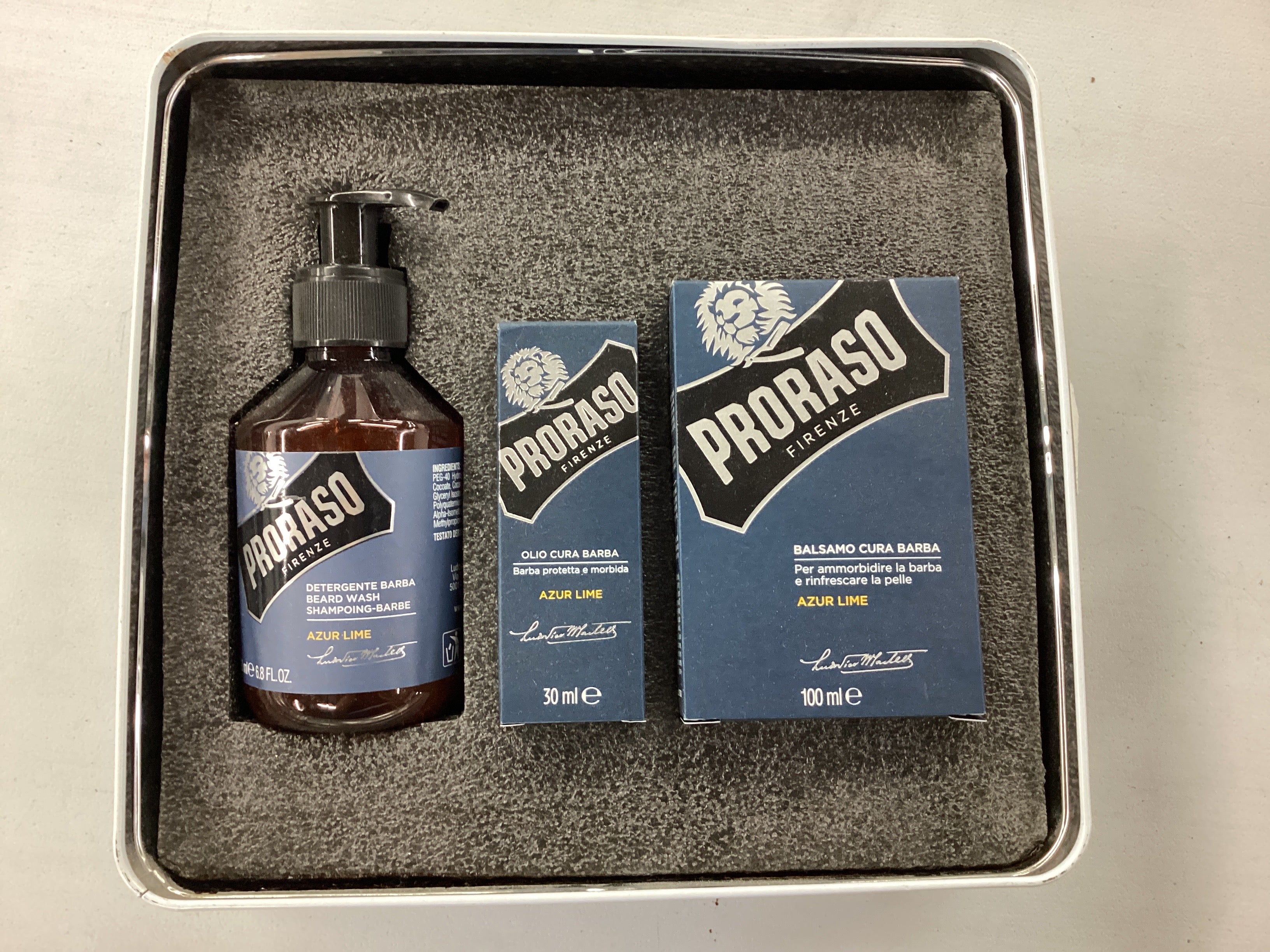Proraso grooming products in a set on a gray background