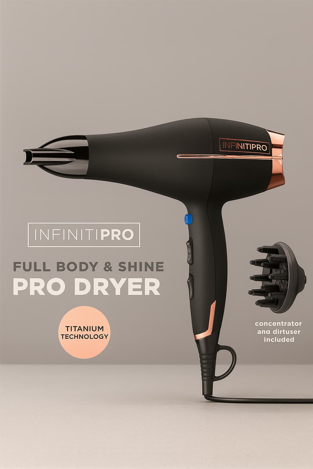 InfinitiPro hair dryer with concentrator and diffuser on a beige background