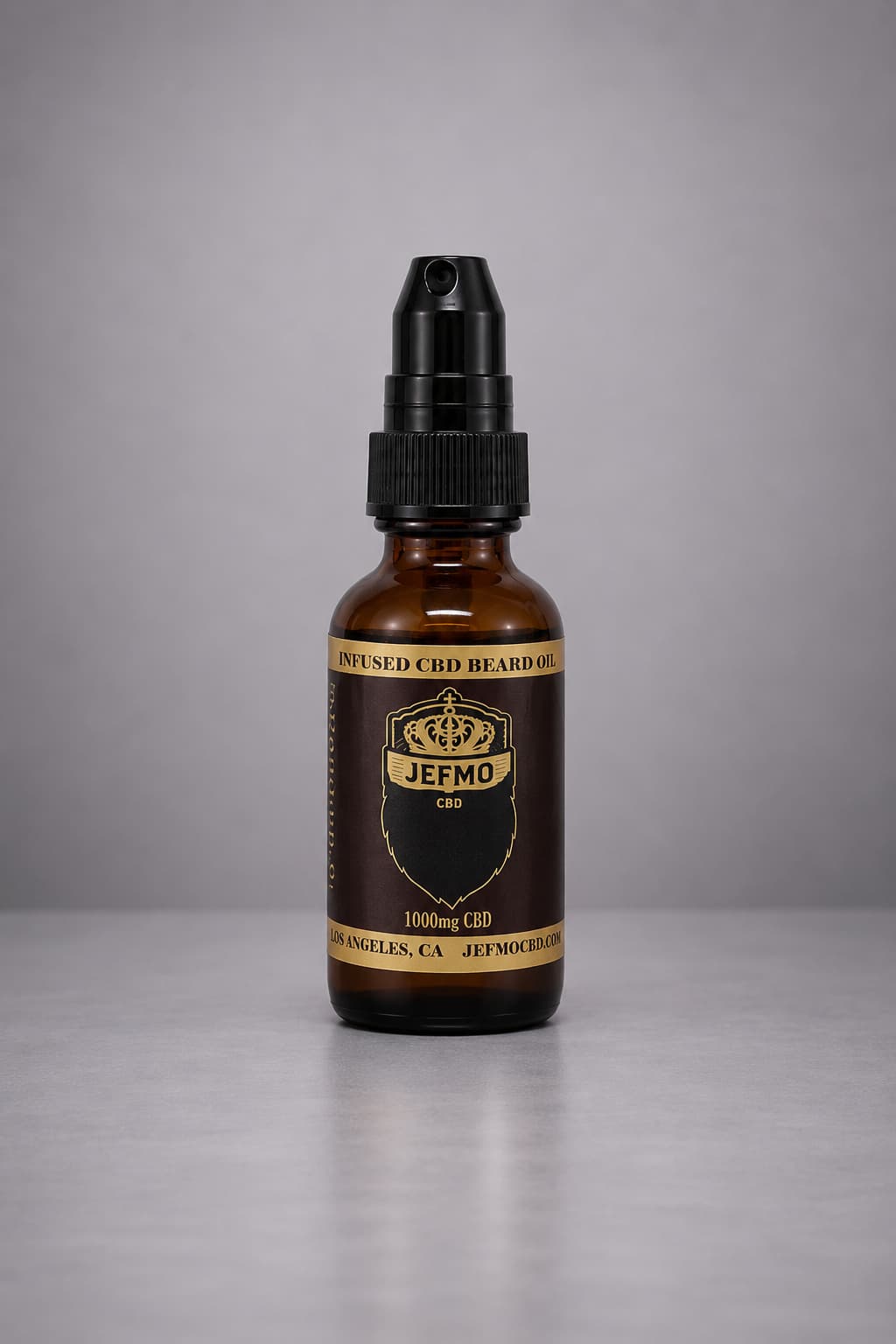 Brown bottle with black cap on a gray background - Jefmo CBD beard oil