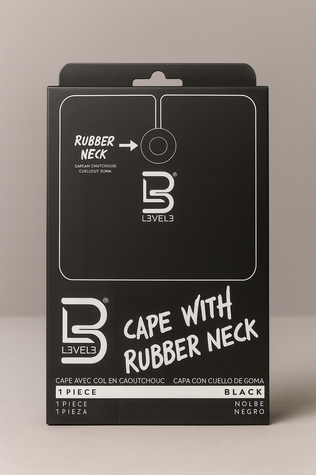 Black packaging of a cape with rubber neck, featuring Level 3 branding.