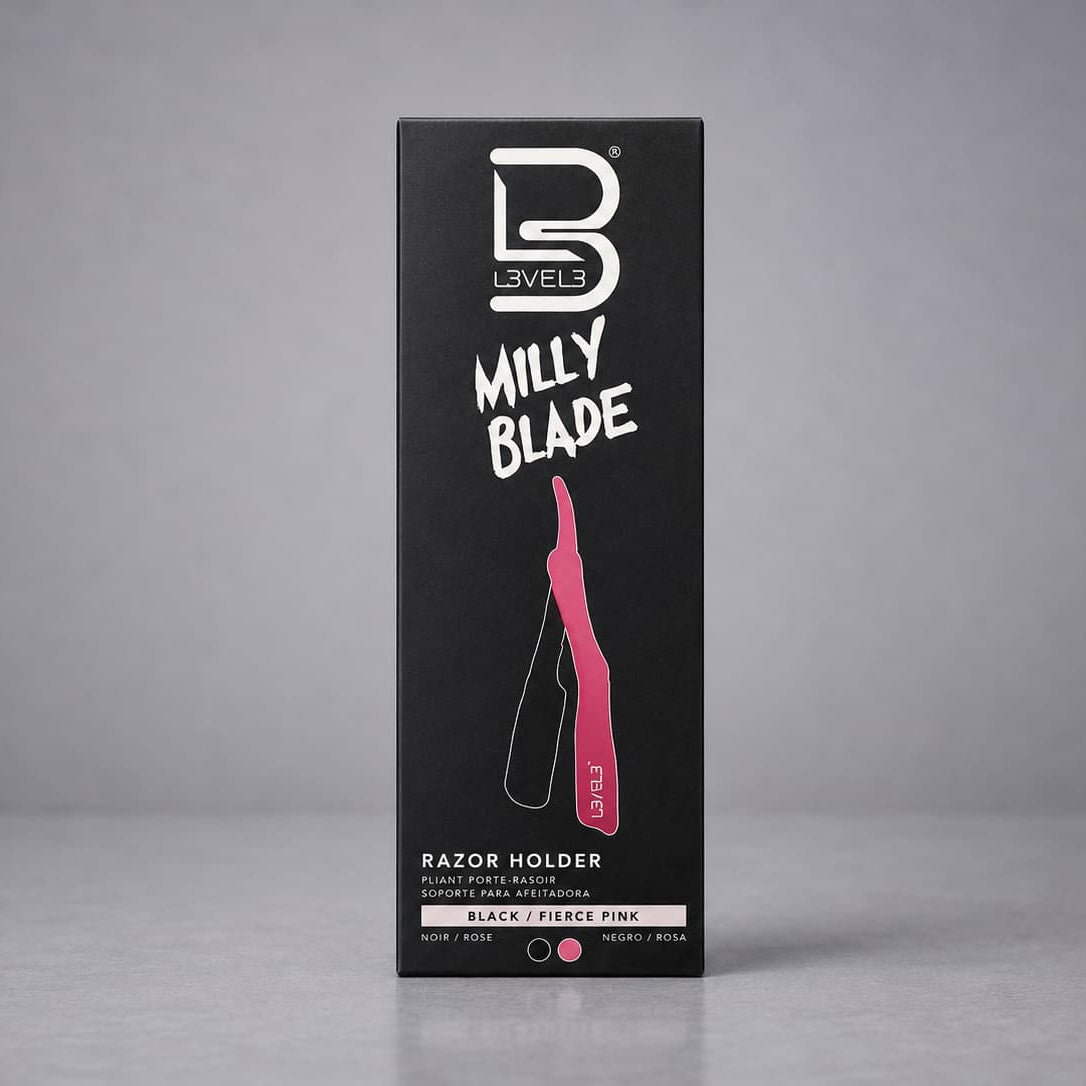 Black packaging of 'Milly Blade' razor holder with pink blade on a gray background