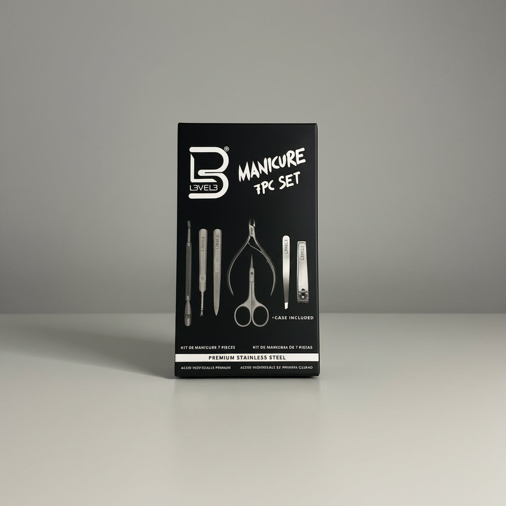 Manicure tool set packaging with tools illustrated on a gray background
