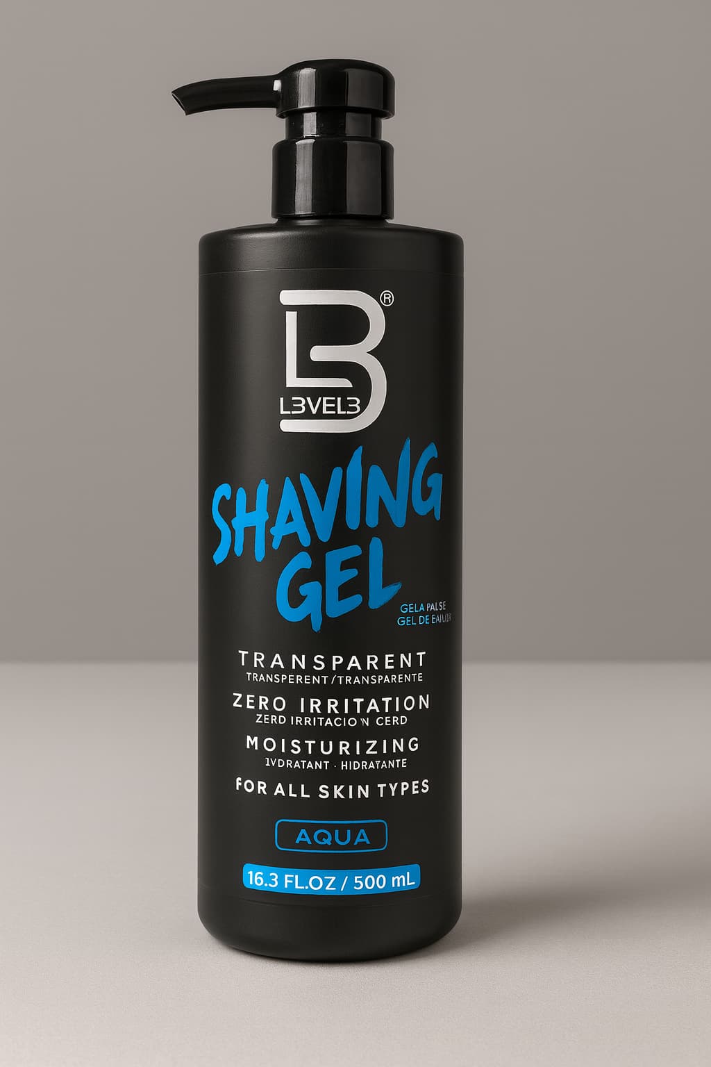 B3 Levels shaving gel bottle on a gray background