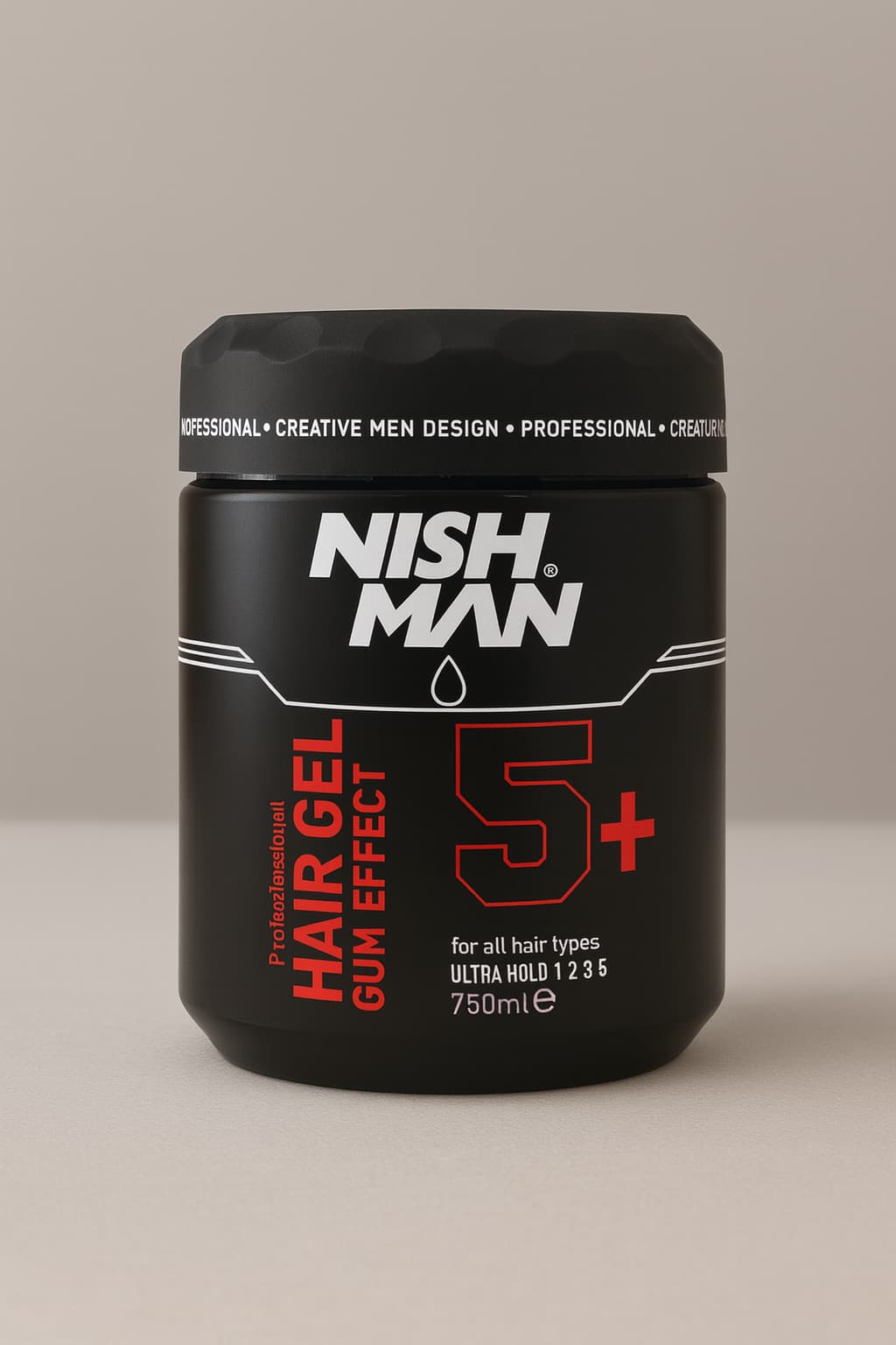 Black container of NISH MAN hair gel with red and white text on a beige background