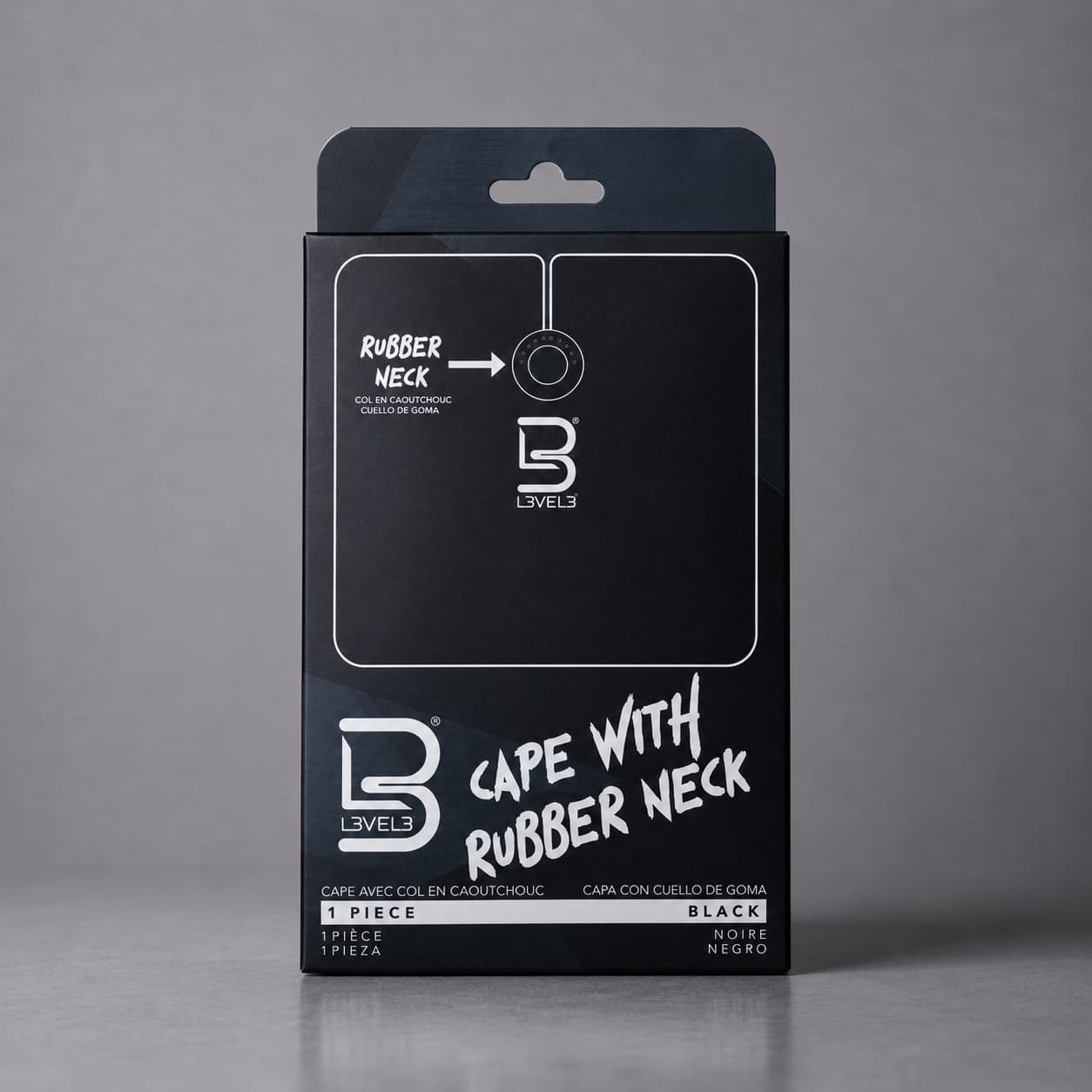 Packaging of a cape with rubber neck on a gray background