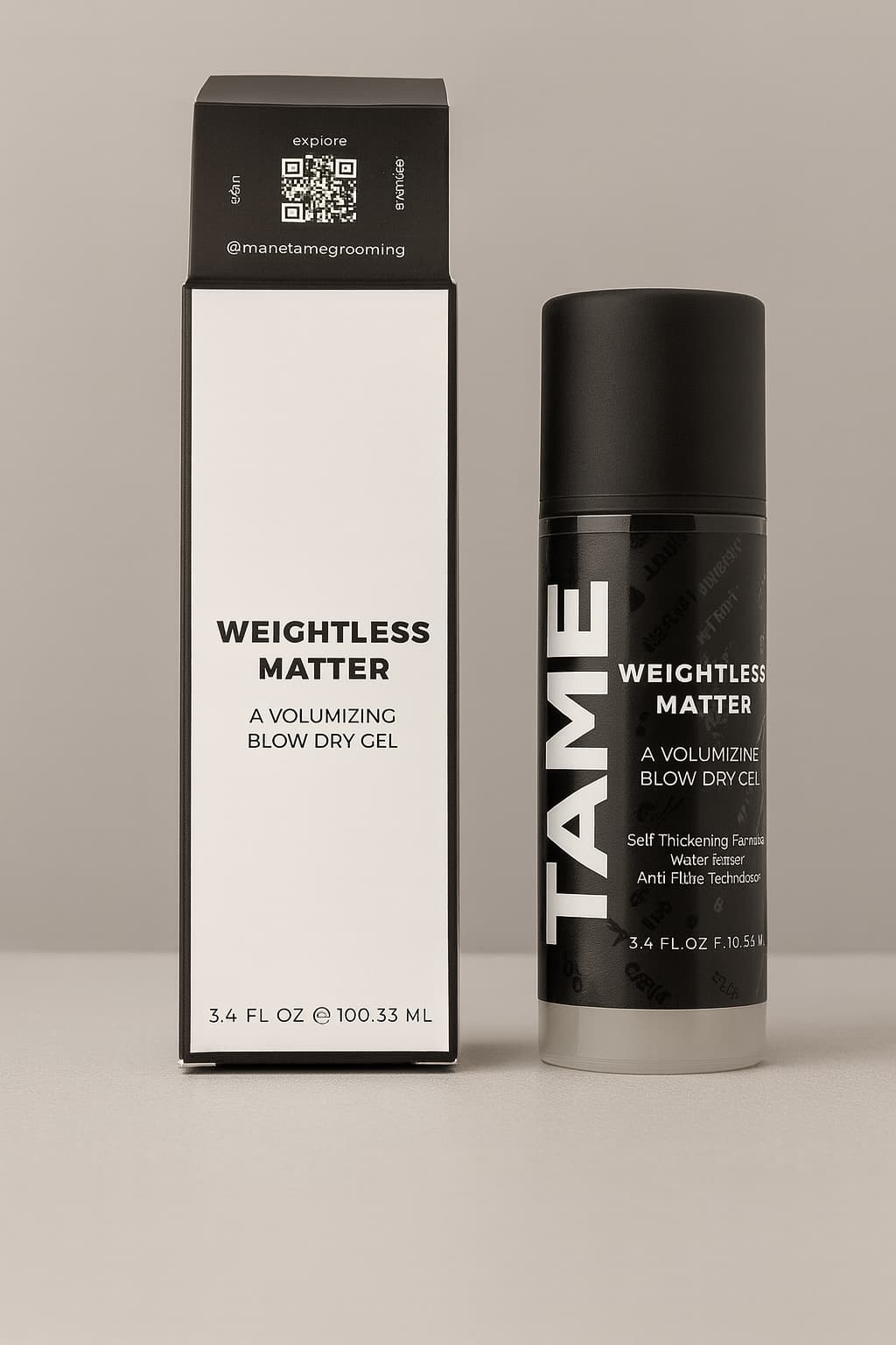 TAME Weightless Matter volumizing blow dry gel with packaging on a neutral background