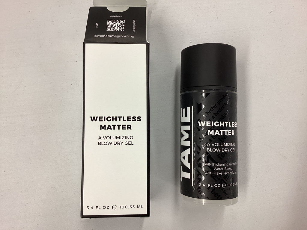 TAME Weightless Matter volumizing blow dry gel with packaging on a light gray background