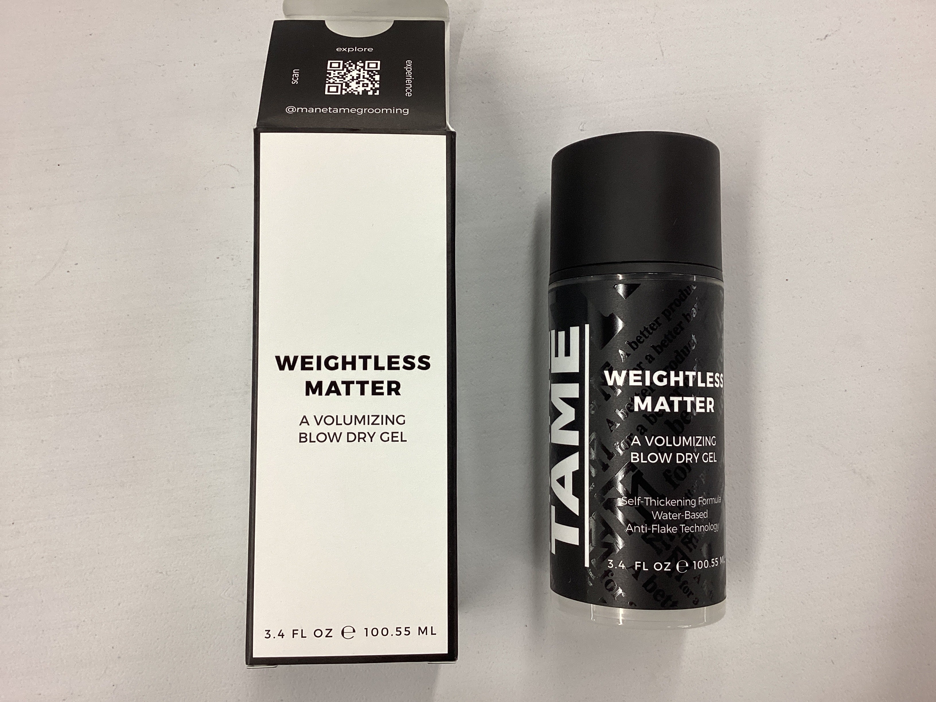 TAME Weightless Matter volumizing blow dry gel with packaging on a light gray background